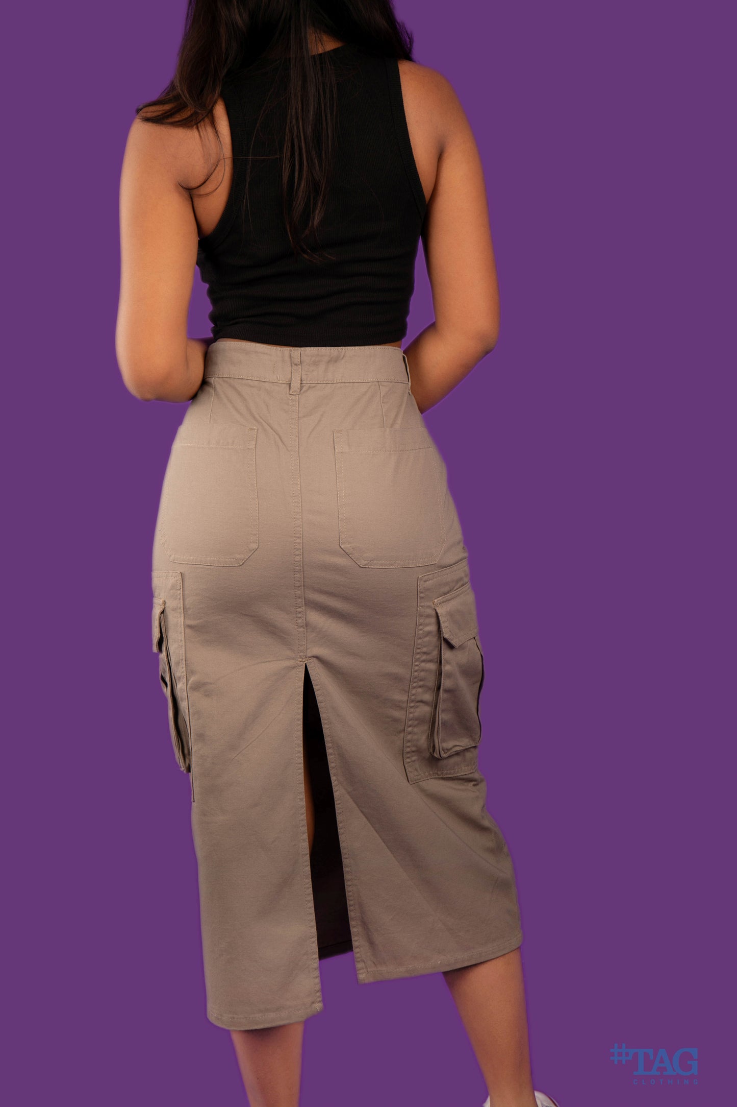 Ladies Long Cargo Skirt- Dark Beige