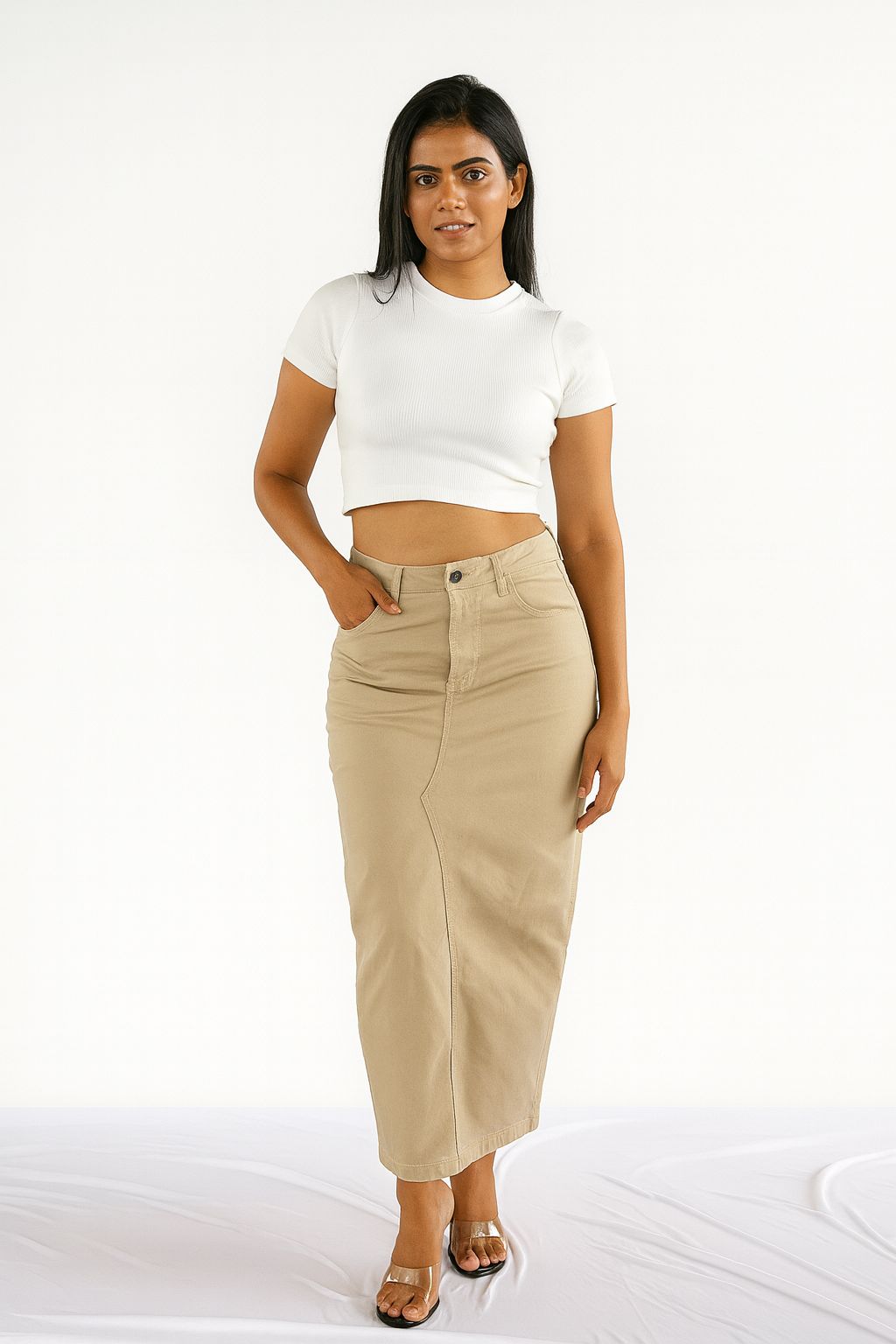 Ladies Long Twill Skirt - Tan