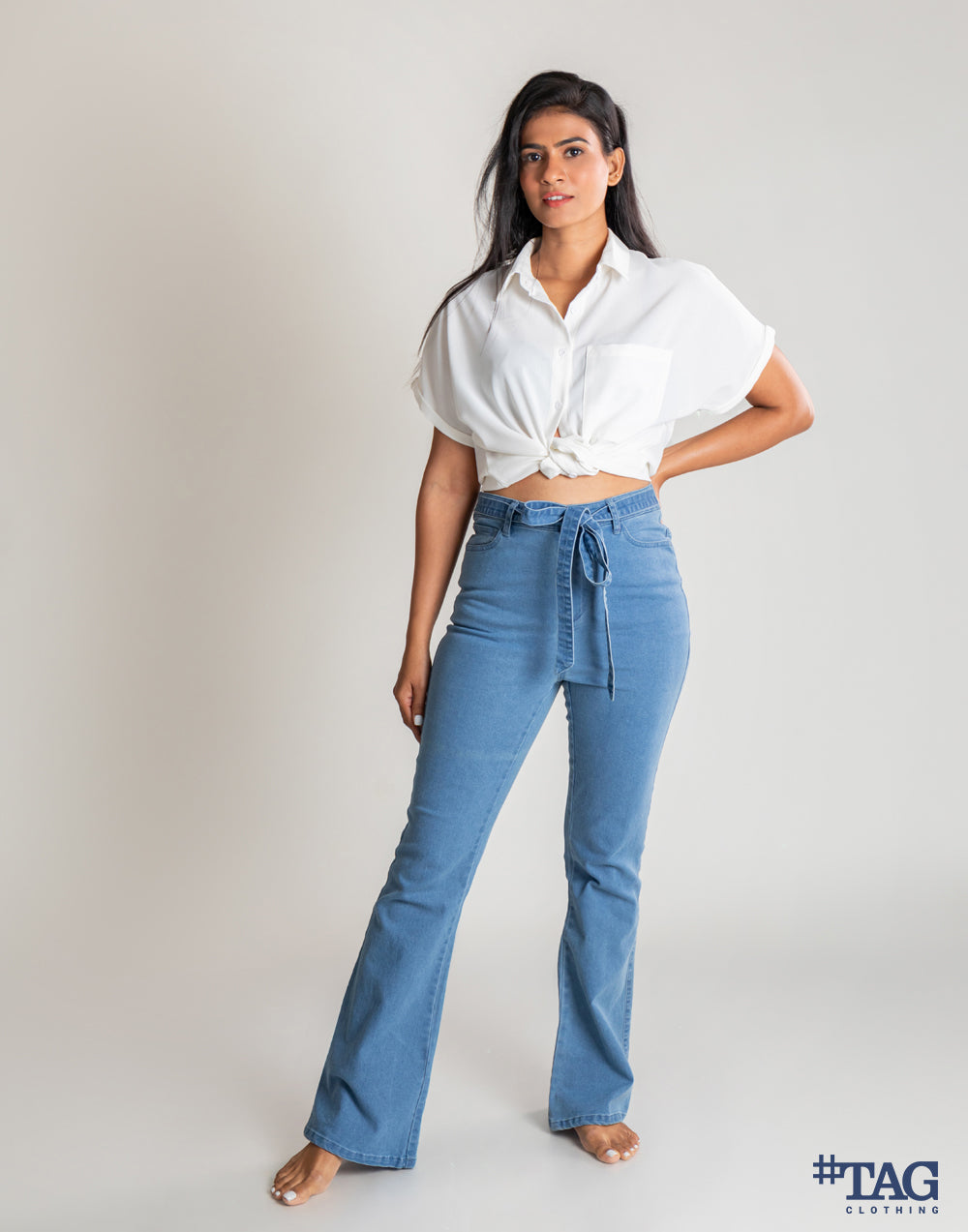 Ladies Bell Jeans with Bow - Mid Blue Wash