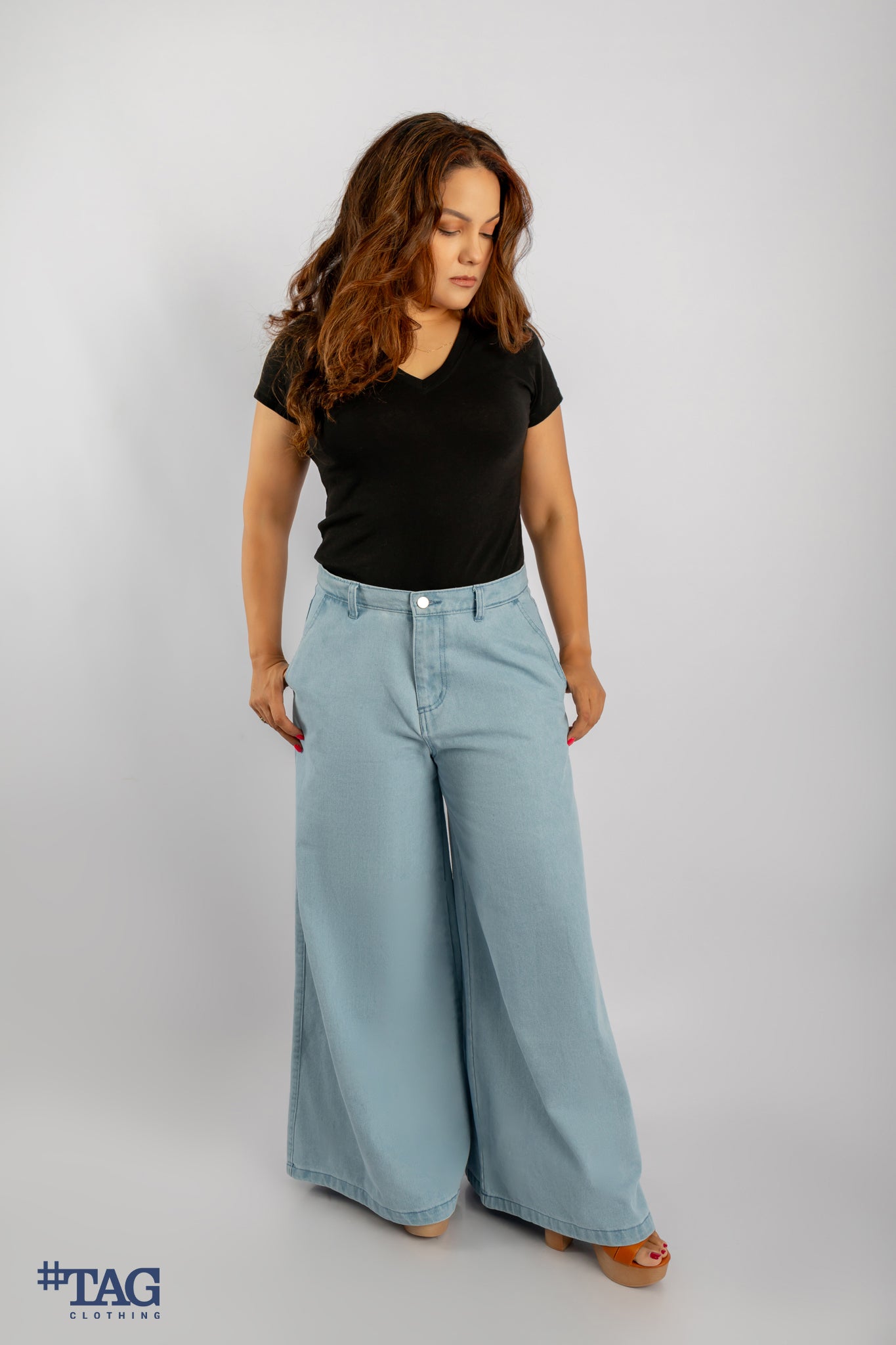Ladies Baggy Bell Pant - Light Blue Wash