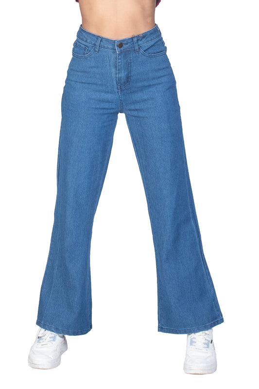 Ladies High Waist Flared Jeans - Mid Blue Wash