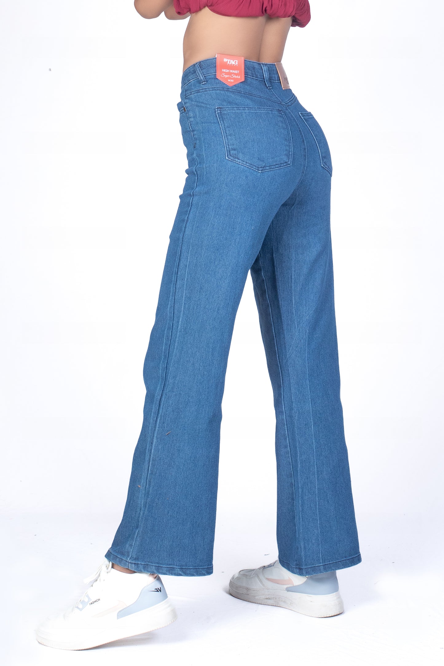 Ladies High Waist Flared Jeans - Mid Blue Wash