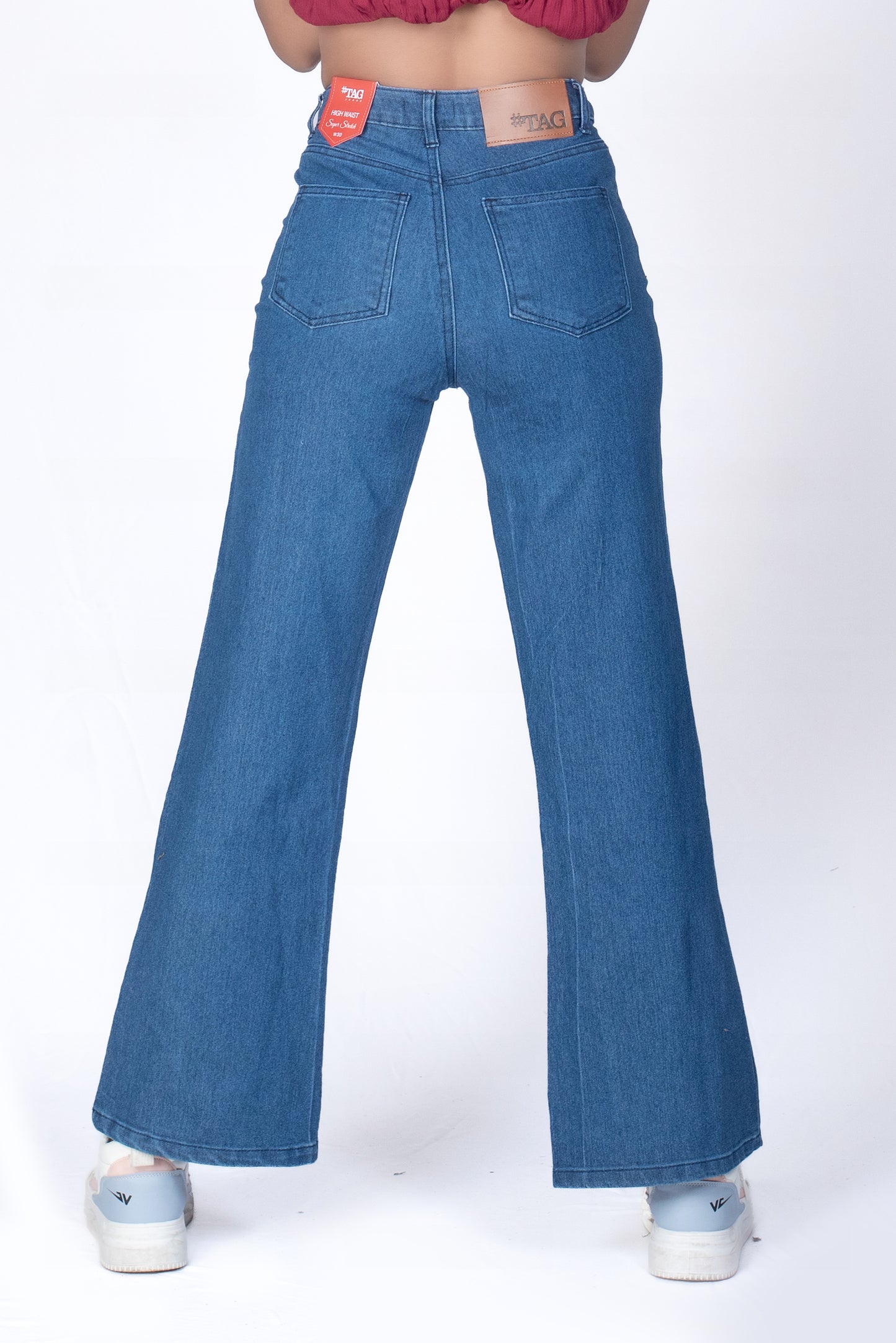 Ladies High Waist Flared Jeans - Mid Blue Wash