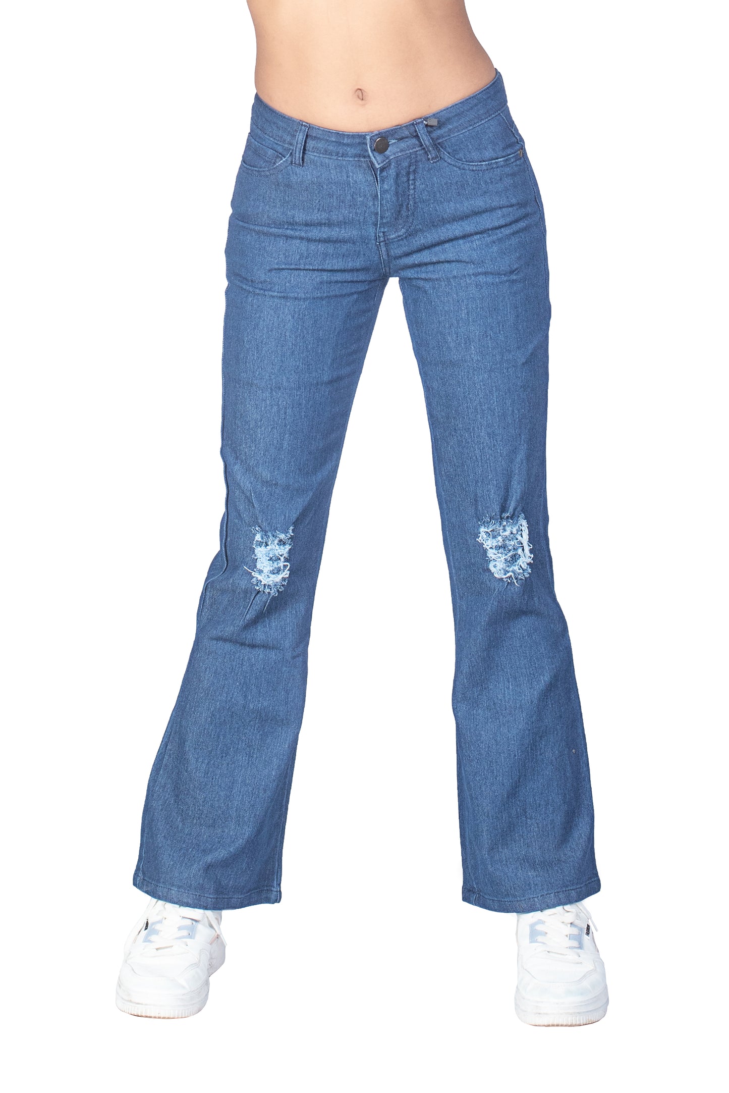 Women's Bell Jeans with Distressed Detail - Dark Blue Wash