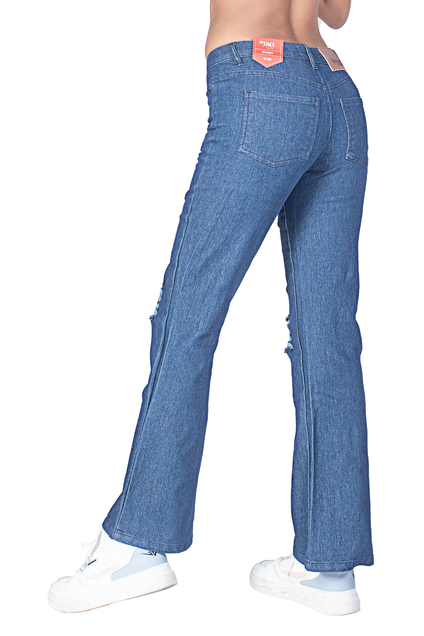 Women's Bell Jeans with Distressed Detail - Dark Blue Wash