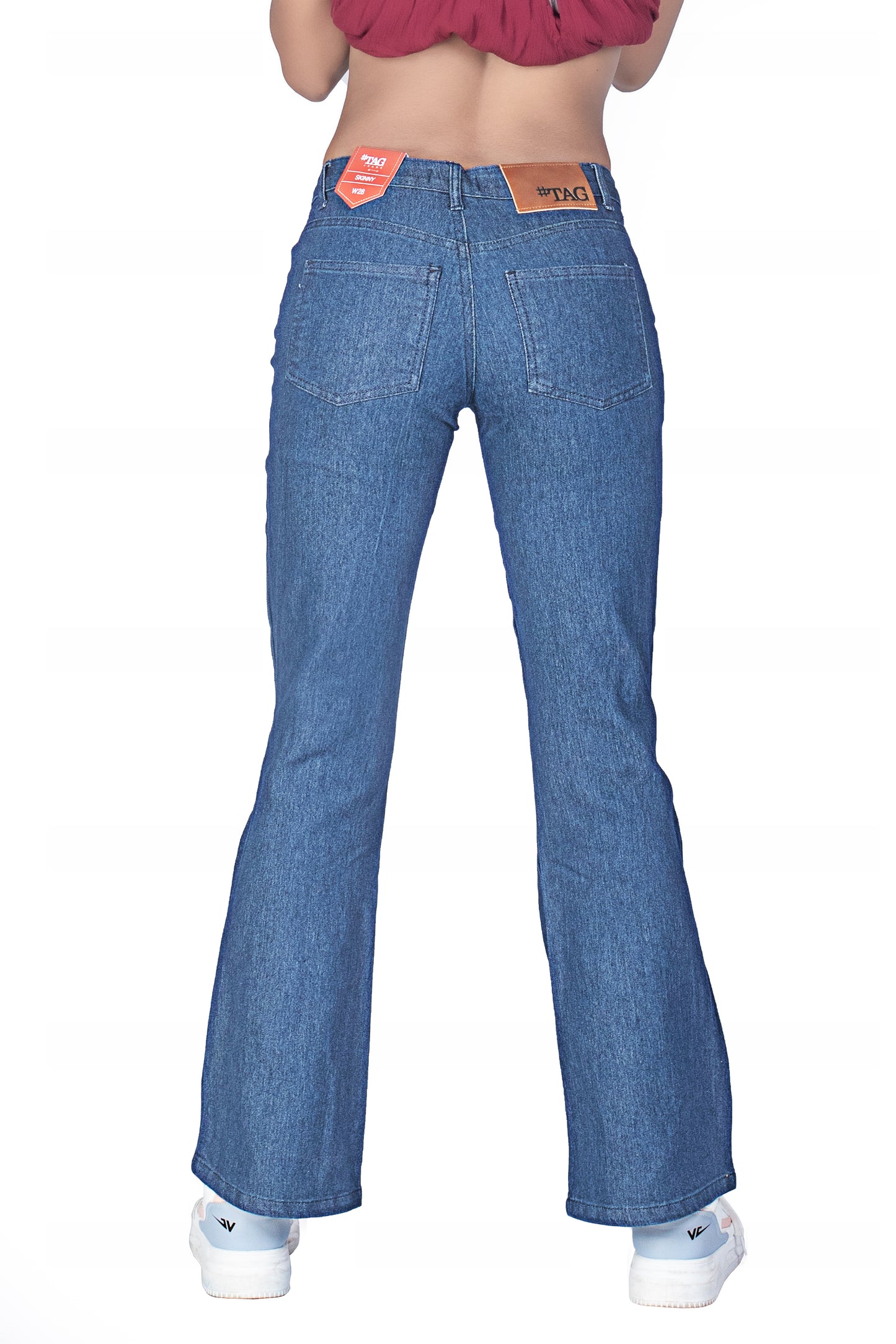 Women's Bell Jeans with Distressed Detail - Dark Blue Wash
