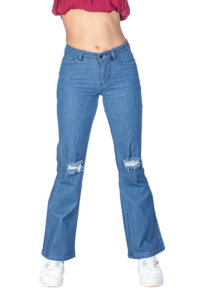 Bell Jeans with Distressed Detail in Mid Blue Wash