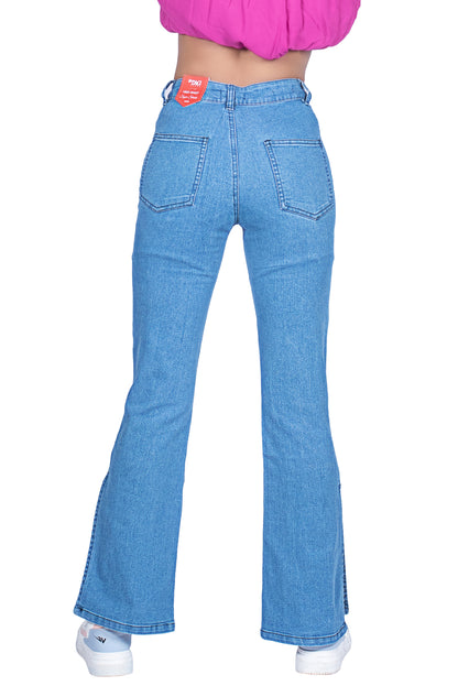Ladies Side Slit Bell Jeans - Light Blue Wash
