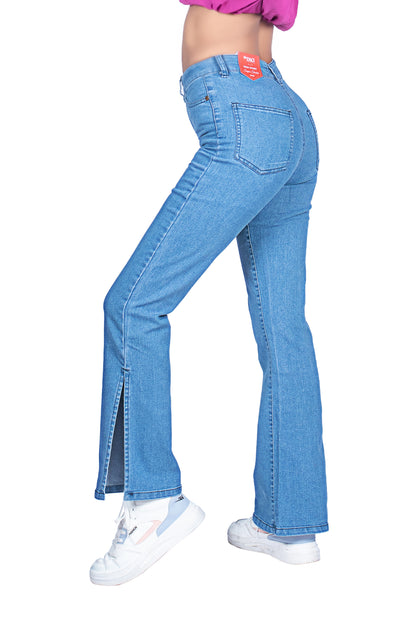 Ladies Side Slit Bell Jeans - Light Blue Wash