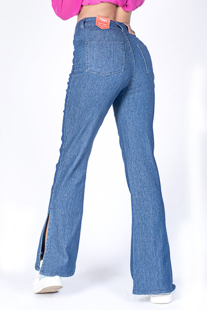 Ladies Side Slit Bell Jeans - Mid Blue Wash