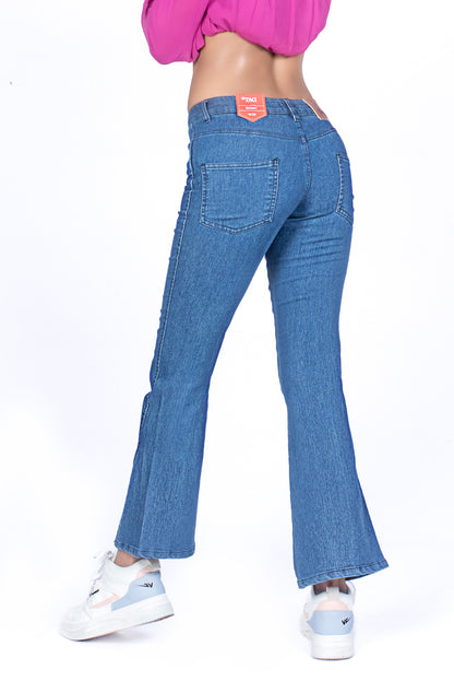 Ladies Front Slit Bell Jeans - Mid Blue Wash