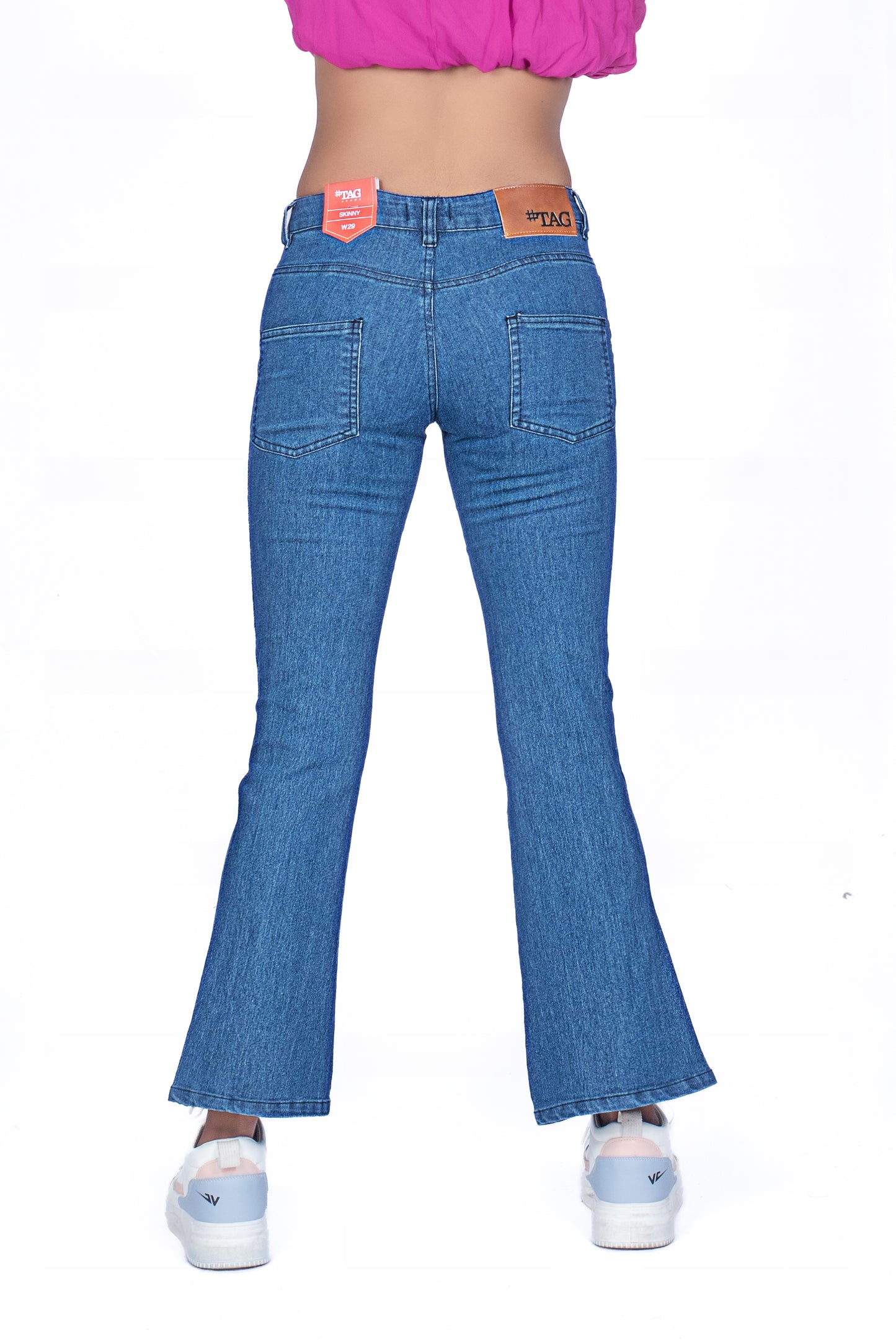 Ladies Front Slit Bell Jeans - Mid Blue Wash