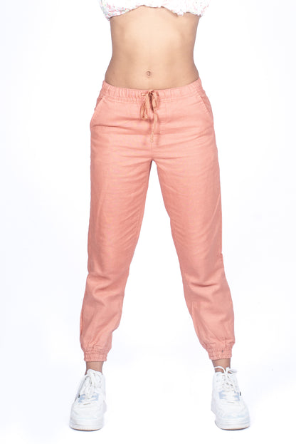 Ladies Linen Jogger Pant - Salmon Pink