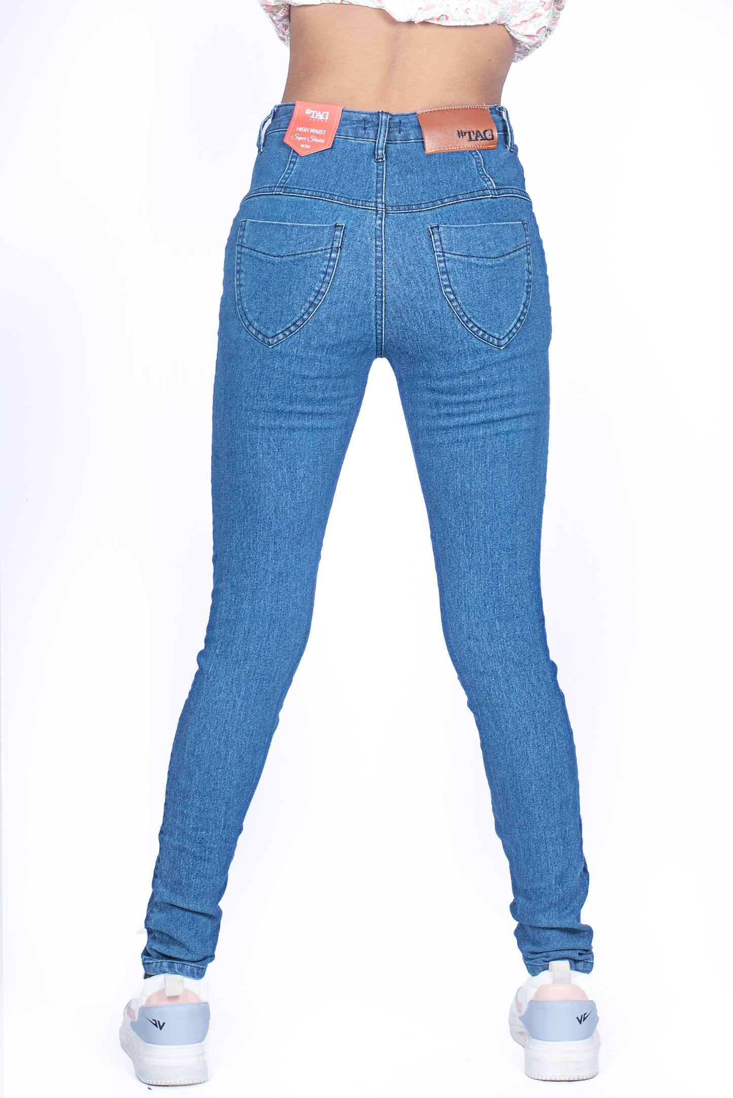 Ladies High Waist Skinny Jeans - Mid Blue Wash