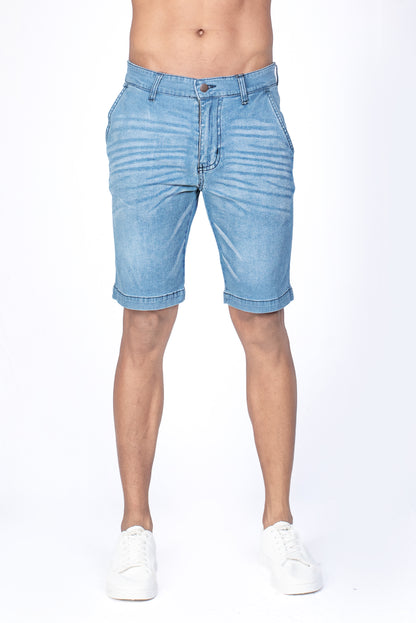 Denim Short with Whiskers in Ice Blue Wash