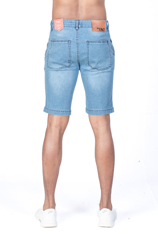 Denim Short with Whiskers in Ice Blue Wash