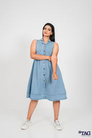 Nipped-waist Midi Dress- Light Blue