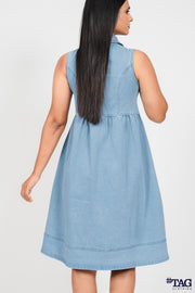 Nipped-waist Midi Dress- Light Blue