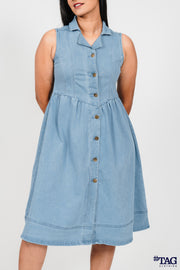 Nipped-waist Midi Dress- Light Blue