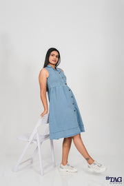 Nipped-waist Midi Dress- Light Blue