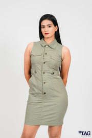Ladies Button Front Mini Dress- Light Olive