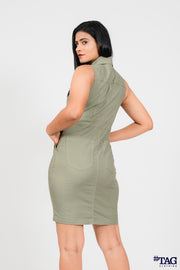 Ladies Button Front Mini Dress- Light Olive