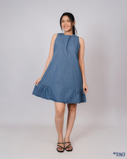 Dress with Side Frill Skirt - Mid Blue