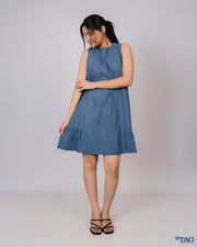 Dress with Side Frill Skirt - Mid Blue