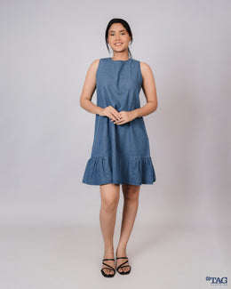 Dress with Side Frill Skirt - Mid Blue