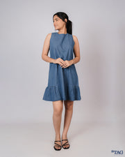 Dress with Side Frill Skirt - Mid Blue