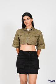Ladie's Twill Crop Jacket-Dark Olive