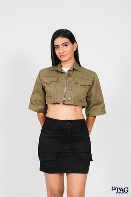 Ladie's Twill Crop Jacket-Dark Olive