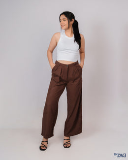 Ladies Linen Pleated Pant - Dark brown