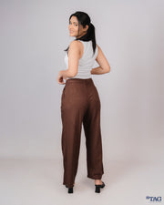 Ladies Linen Pleated Pant - Dark brown