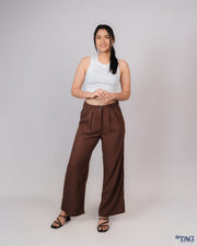 Ladies Linen Pleated Pant - Dark brown