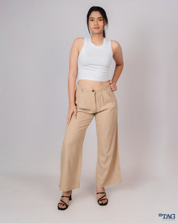 Ladies Linen Pleated Pant - Beige
