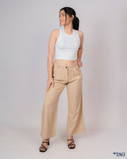 Ladies Linen Pleated Pant - Beige