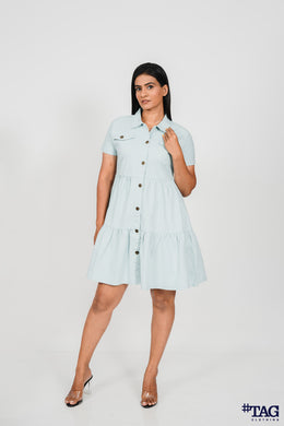 Twill Frill Dress - Light Blue