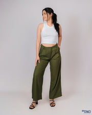 Ladies Linen Pleated Pant - Olive