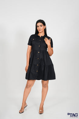 Twill Frill Dress- Black