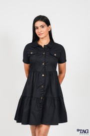 Twill Frill Dress- Black