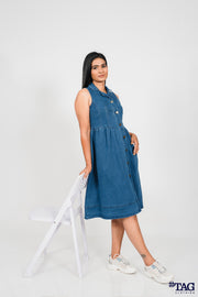 Nipped- Waist Midi Dress- Dark Blue