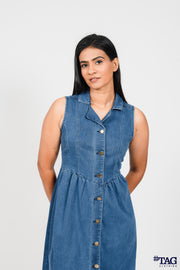 Nipped- Waist Midi Dress- Dark Blue