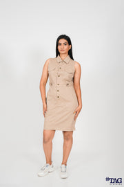 Ladie's Button Front Mini Dress- Beige