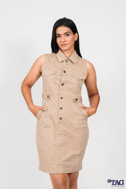 Ladie's Button Front Mini Dress- Beige