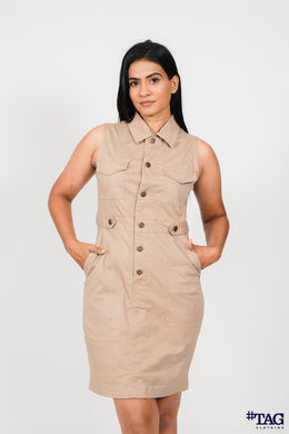 Ladie's Button Front Mini Dress- Beige