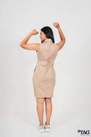 Ladie's Button Front Mini Dress- Beige