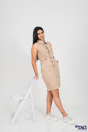 Ladie's Button Front Mini Dress- Beige