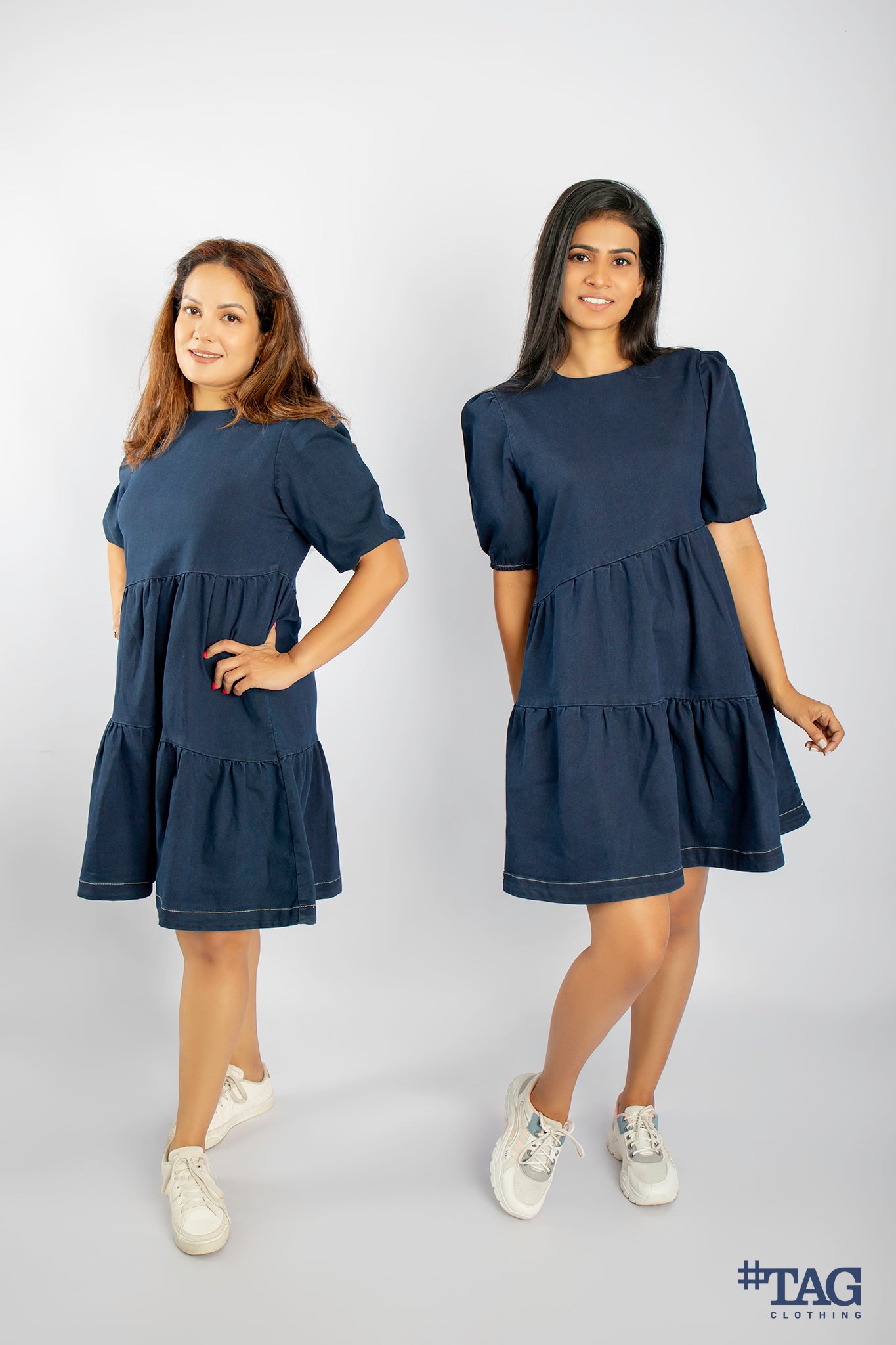 Ladies Asymmetric Denim Frill Dress - Dark Blue Wash