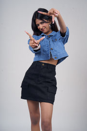 Puff Half-Sleeve Cropped Denim Jacket